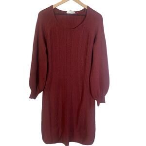 Lucky Brand Burgundy Cable Knit Sweater Dress Balloon Sleeves Knee Length Sz L